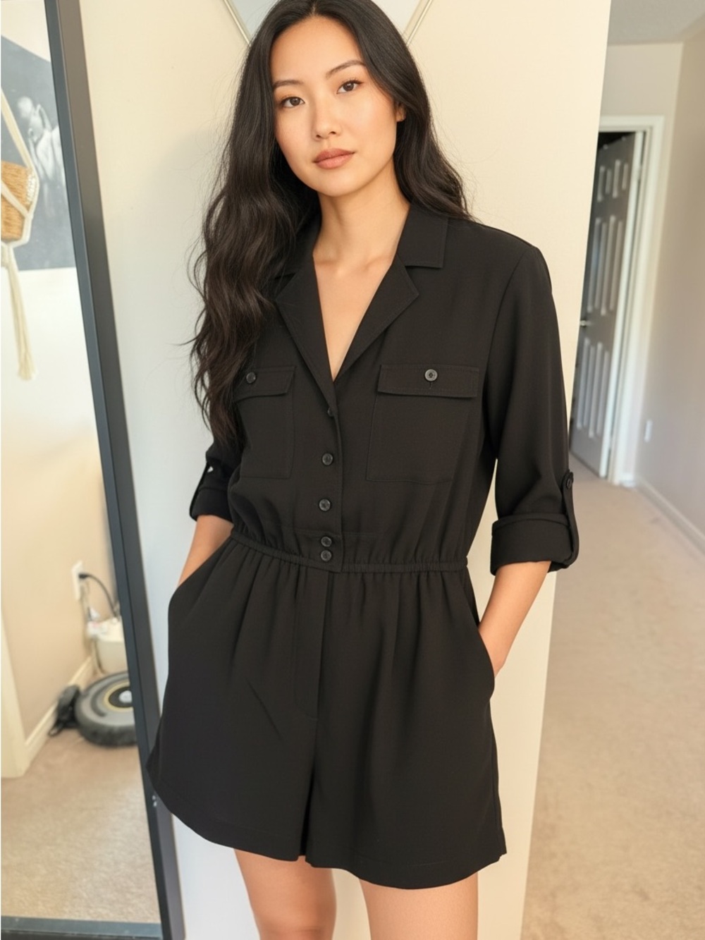 Zara Black Collared Utility Romper with Elastic Waist